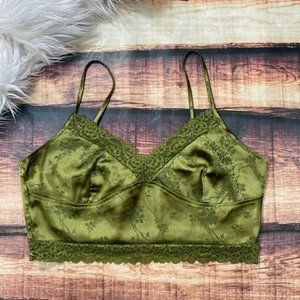 Green Silk Bustier Crop Top Floral Lace